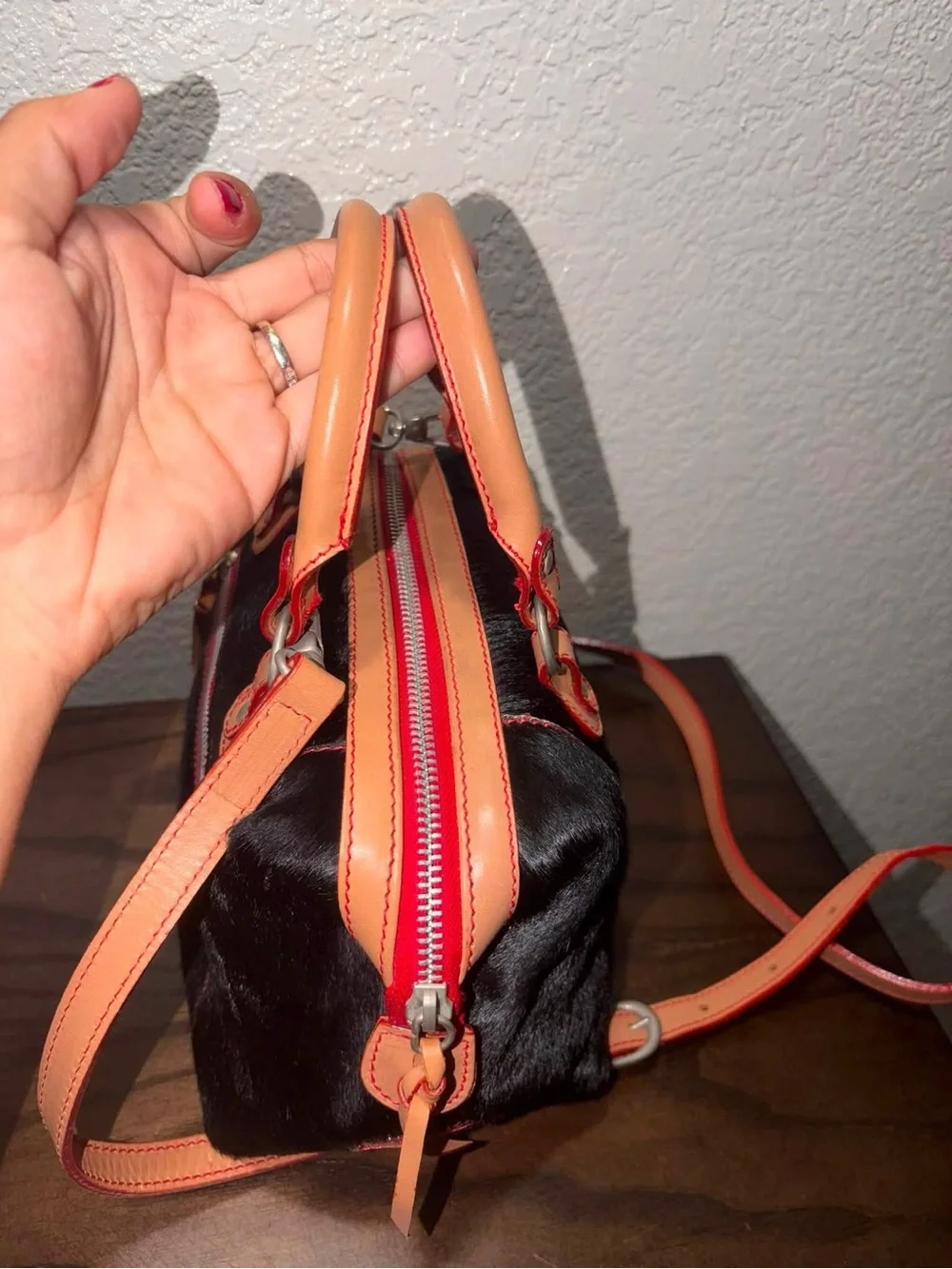 Rare Dooney and Burke Black Faux-Hair Satchel with Tan & Coral Trim